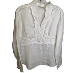 Tweeds White Ruffle detail linen tunic style Pull over blouse size Medium
